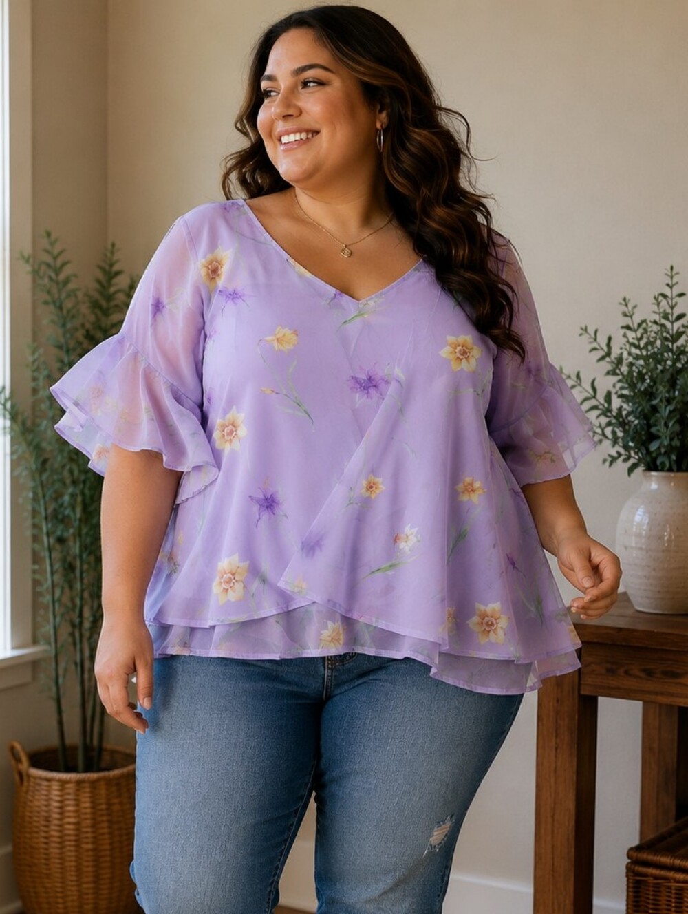 BloomChic Lavender Floral V-Neck Ruffle Sleeve Blouse